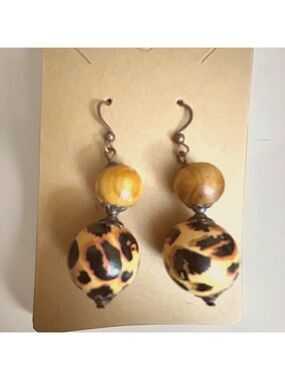 Wood Leopard Print Ball Drop Dangle Earrings